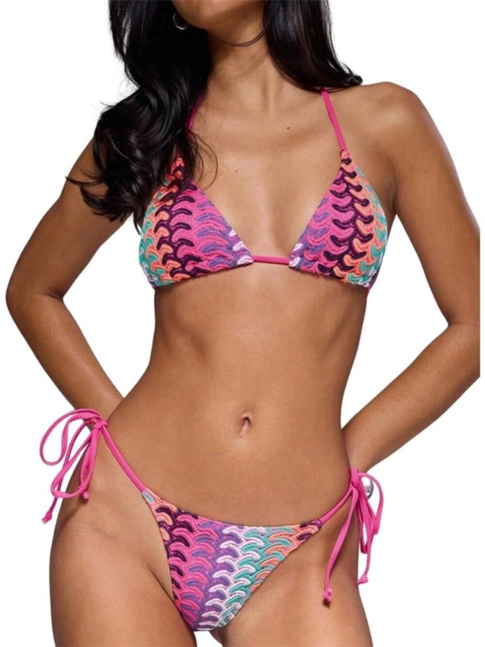 Crochet Bikini Sets for Women Cheeky 2 Piece Bathing Suits Colorblock